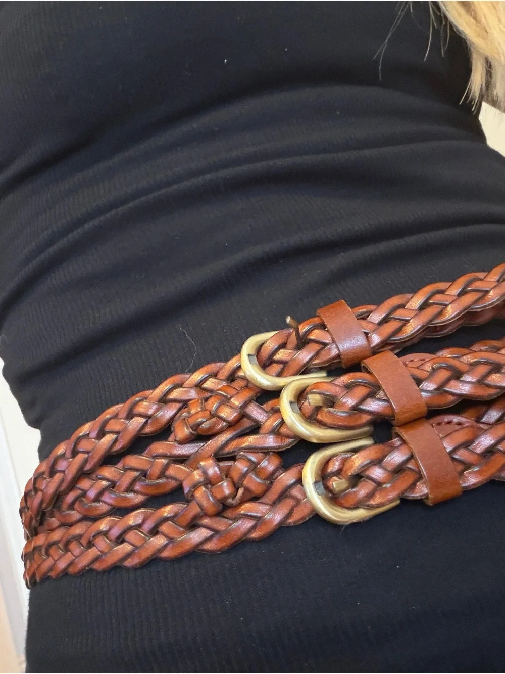 Vintage Braided Triple-Wrap Brown Leather Waist Belt - Unbranded